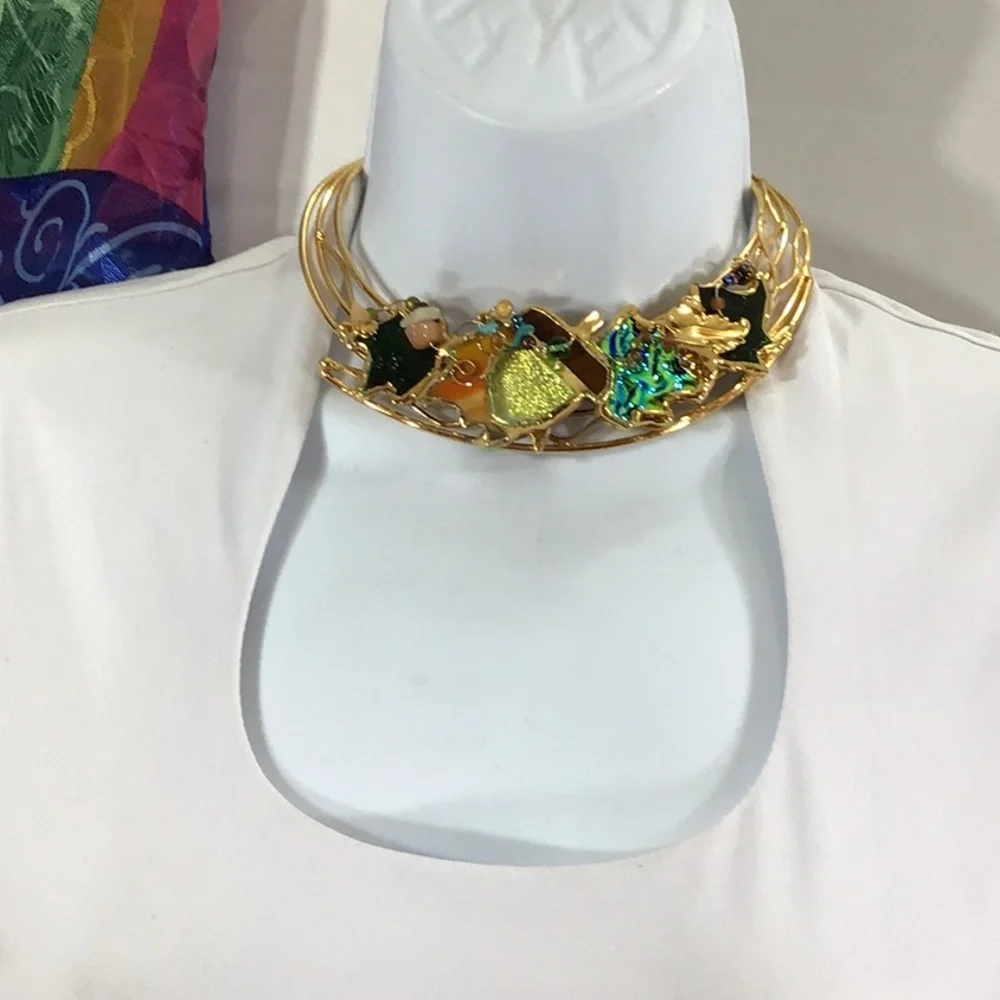 Vintage gold choker bib iridescent necklace